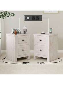 Set Of 2 Farmhouse Nightstands With Charging Station, Rustic Wood End Tables With 2 Drawers, Vintage Storage Cabinets For Bedroom, Living Room, Or Office - 質樸的白色 - 查看 8