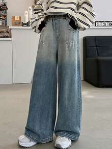 少女休闲水洗渐变铆钉阔腿牛仔裤 - 藍色 - 查看 4