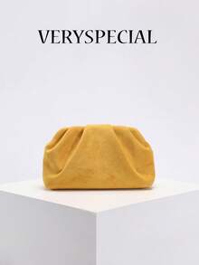 高品质复古风格棕色麂皮手拿包，玛琳风格女士麂皮手拿包，欧美时尚褶皱简约女士手拿包，配链条肩带 - 棕色 - 查看 19