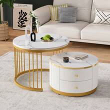 Elegant Set Of 2 White Coffee Tables, 60*60*46cm And 50*50*30.8cm, Round Tables With High Gloss Dermol Appearance, 2 Drawers, Load Capacity Up To 30kg, Combination Of Nestable Coffee Tables. - White + MDF - View 8