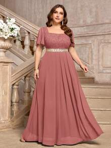 大码深V领花卉蕾丝撞色雪纺蝴蝶袖正式晚礼服，适合返校节、婚礼宾客、生日、毕业典礼等正式场合，夏季优雅之选 - 藕粉色 - 查看 1