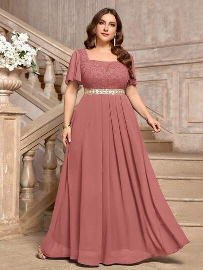 Vestido de noche formal de gasa con contraste de color, encaje floral, manga de mariposa y escote en V profundo para tallas grandes. Vestido de graduación, boda, fiesta de cumpleaños o evento formal de verano elegante.