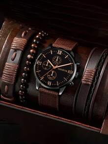 4/1pc Set Affordable Boy's Fashion Minimalist Classic Round Pointer Display Fake Chronograph Decoration Brown Strap Watch, Suitable For Boys, Comes With Luxury Fashion Bracelet Set, Great For Daily Occasions Like Back To School, Parties, And Travels, Ideal Gift For Teen Boys, Birthday, Graduation, Christmas, Gift Set, Boys' Watch - Multicolor - View 7