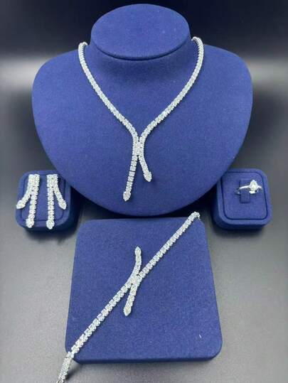 1 Set Women's Fashion Jewelry Set, Zirconia + New Cubic Zirconia Necklace, Earrings, Bracelet, Ring 4pcs Diamond Accessories Suitable For Daily Wear