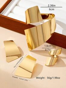 Brazalete, anillo y aretes de estilo punk metálico dorado con diseño geométrico asimétrico ancho y brillante, adecuado para atuendos diarios, de fiesta y de festivales de música de mujeres - Amarillo Oro - Ver 3