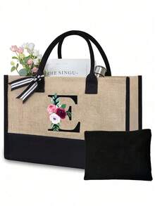 Juego de bolsas de lona con iniciales florales negras de la A a la Z, incluye bolsa de almacenamiento de maquillaje, bolsa de regalo personalizada, adecuada para boda, cumpleaños, playa, vacaciones, escuela, es un gran regalo para mujeres, mamá, maestros, amigos, damas de honor, estudiantes, bolsa grande, artículos de primera necesidad, regalos perfectos para vacaciones, cumpleaños, Acción de Gracias, Pascua, Navidad