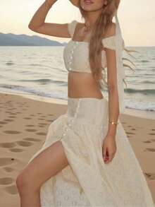 波西米亚风露脐吊带短上衣和半裙套装，浪漫别致的两件套，适合返校季、女士哥特性感万圣节服装、露背款式、圣诞派对造型、约会之夜装扮、圣诞节、情人节、新年、年末、圣诞派对等场合。 - 米色 - 查看 5