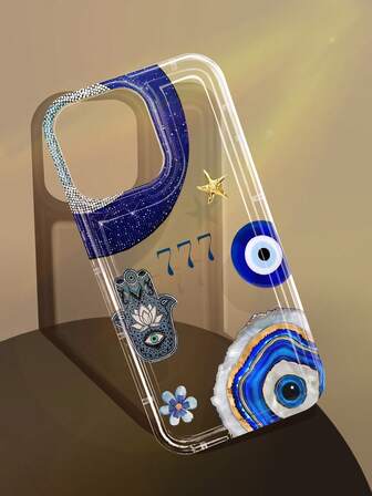 1个独特蓝色眼睛贝壳和蓝金纹理图案防滑透明气囊软手机壳，适用于 11/12/13/14/15/16 Pro Max