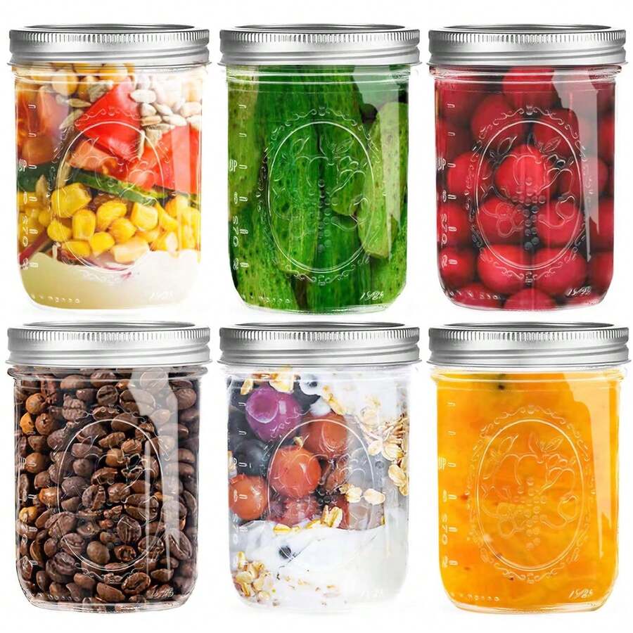 6pcs 16oz Wide Mouth Mason Jars With Lids, Vintage Glass Canning Jars, Ideal For Canning, Pickling, Food Storage