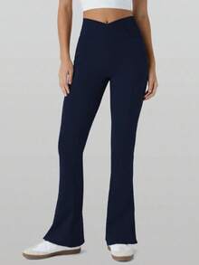 Flare Leggings, Crossover Yoga Pants With Tummy Control, High-Waisted And Wide Leg,Women's High Waist Solid Color Flared Pants Sports Yoga Pants Compression Leggings Running Fitness Pants, Women's Clothing, Women's Leggings, Women's  TrousersIt Is Suitable For Outdoor Sports, Indoor Yoga And Street Shopping - 霧霾藍 - 查看 3