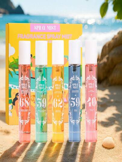 Set de 5 piezas de Spray de Fragancia Brasileña Portátil, Edición Limitada de Spray de Estado de Felicidad Elevado con Esencias Naturales Duraderas y Encantadoras, que liberan un elegante aroma a vainilla, coco, floral, frutal, cítrico, madera, acuático y marino para aromaterapia en interiores, exteriores, citas, fiestas, reuniones, viajes, hogar, hotel