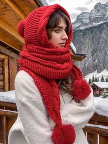 Women's Wool Hat, Warm Hat For Autumn And Winter, Scarf And Hat Integrated Design, Thick Warm Knitted Hat, Cute Fur Ball, Soft And Thick Warm Lining Earmuffs, Versatile Warm Accessories For Winter Clothing, A Good Christmas/Birthday/Valentine's Day Gift - Multicolor - View 7