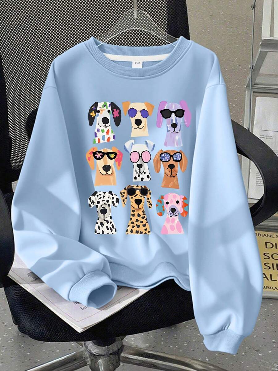 Áo nỉ dài tay dáng suông tối giản in hình chú chó dễ thương dành cho bé gái, cổ tròn, thích hợp cho mùa thu/đông. - Màu xanh nhạt - Xem 1