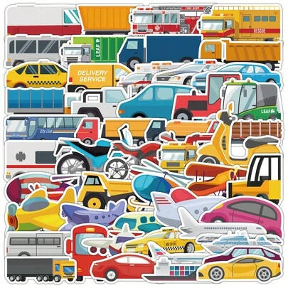 50 piezas Juego de pegatinas de vehículos de dibujos animados, pegatinas con patrones coloridos de avión, coche, motocicleta, camión, adecuadas para decoraciones festivas como Halloween, Navidad, Pascua, para DIY en botellas de agua, portátiles, patinetas, paquete de pegatinas de graffiti enérgico para diarios, álbumes de recortes, suministros para fiestas, genial para invierno, Año Nuevo