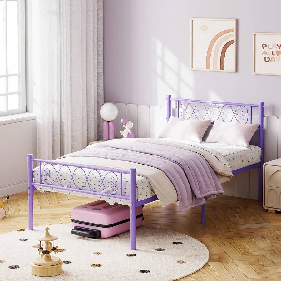 Cama Individual Metálica con Cabecero en Forma de Corazón, Base de Hierro Forjado, Montaje Fácil, Ideal para Recámaras y Habitaciones Infantiles – Bed Frame - Morado - Ver 1