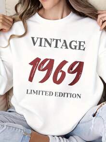 2025 Women's Retro 1969 Limited Edition Printed Crewneck Sweatshirt - Soft Gray Geometric Pattern Pullover, All-Season Casual Crewneck Sweater, Suitable For Casual Wear And 60s Style Clothing Casual Daily Wear - 白色 - 查看 2