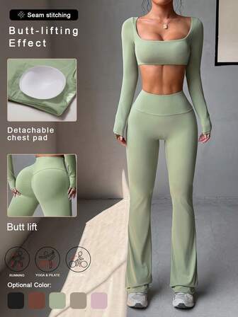 Aoqta Sports Women's Two Pieces Fall/Winter Leisure Sports Outdoor Sexy Long Sleeve T-Shirt With Square Neck And Long Pantsuit Suitable For Running Exercise Fitness Yoga Exercise