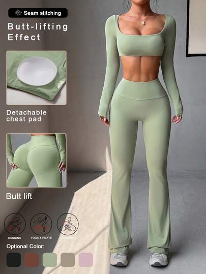 Aoqta Women's 2-Piece Casual Sports Outdoor Sexy Long Sleeve Square Neck T-Shirt And Pants Set, Suitable For Running, Fitness, Yoga And Other Sports, Spring/Summer