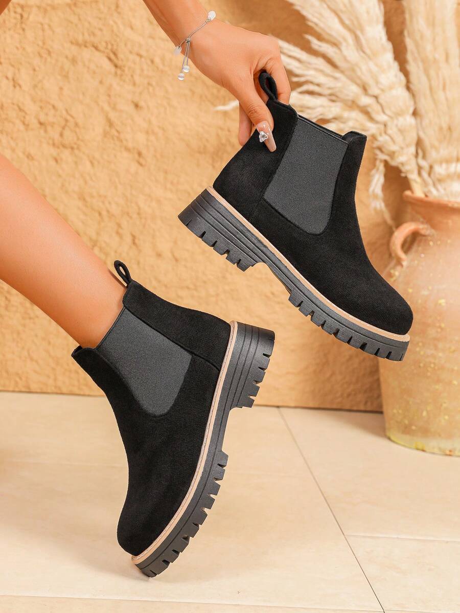 女士切尔西踝靴，黑色纯色学院风休闲套脚圆头短靴，舒适百搭，适合日常、海滩、婚礼、派对、办公、秋冬季等场合。 - 黑色 - 查看 1