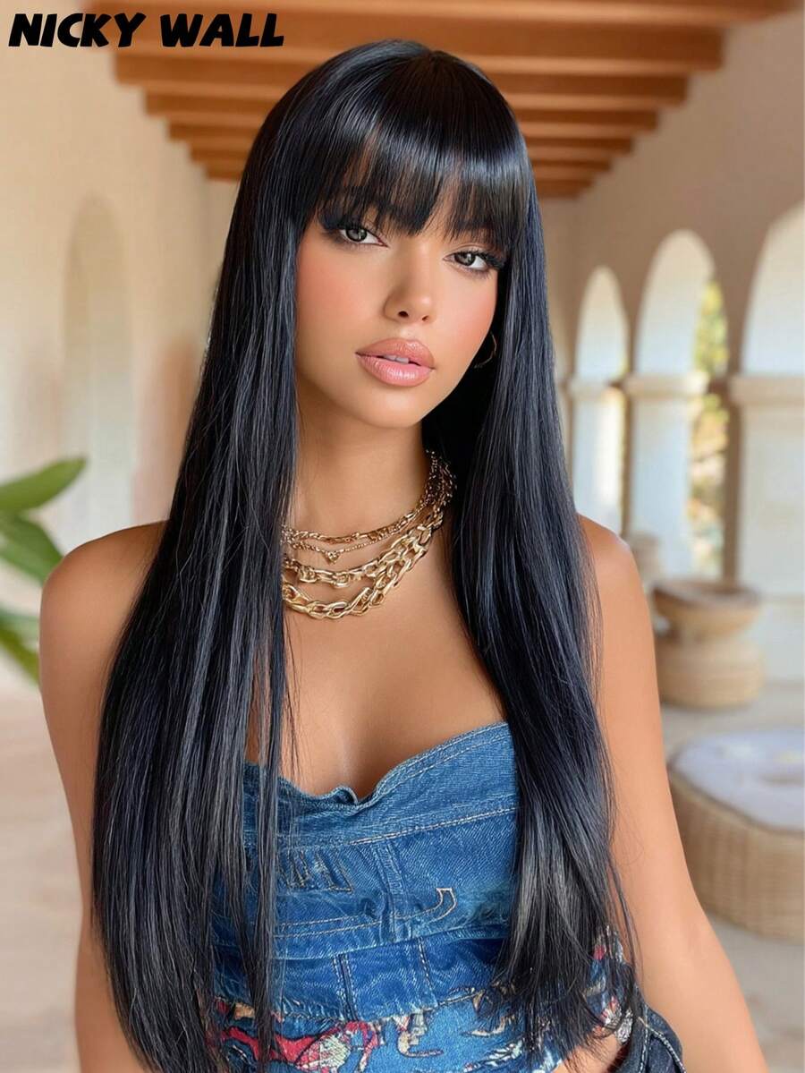 Elegant-30 Inch Black Wigs For Women, Long Straight Wigs With Bangs, High Quality Soft Synthetic Fiber Wigs For Women Daily Wear, Festival Ready Party Use, Perfect Gift - Beginners Glueless Wig Accessories - 黑色 - 查看 1