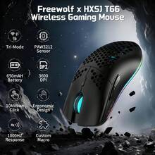 HXSJ T66 Wireless Gaming Mouse Tri-Mode Superlight Honeycomb Design PAW3212 3600DPI Sensor 1000Hz Polling Rate Bluetooth/2.4Ghz/Wired Ergonomic PC Mice RGB Light Programmable Buttons - Multicolor - View 1