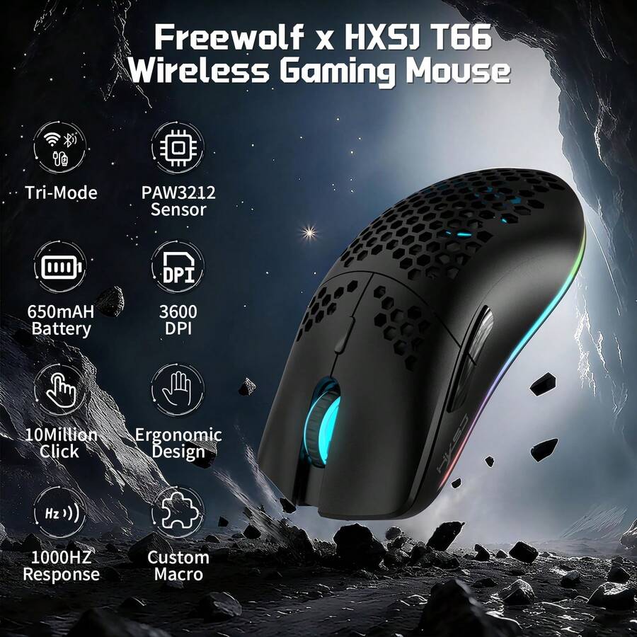 HXSJ T66 Wireless Gaming Mouse Tri-Mode Superlight Honeycomb Design PAW3212 3600DPI Sensor 1000Hz Polling Rate Bluetooth/2.4Ghz/Wired Ergonomic PC Mice RGB Light Programmable Buttons - Multicolor - View 1