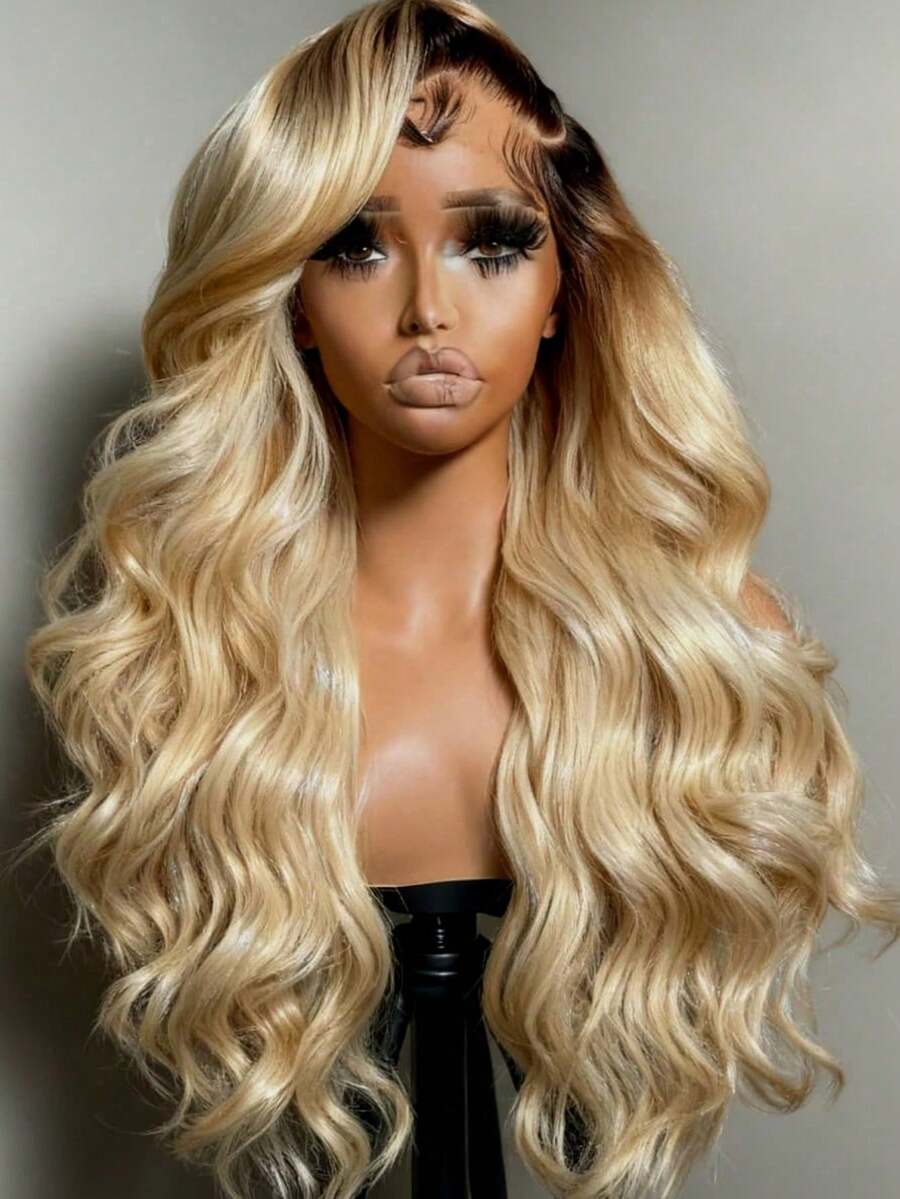 Ombre Brown Roots Blonde Lace Front Wigs Human Hair For Women Brazilian Virgin 250% Density Body Wave Wig Human Hair Free Parting 13x4 Hd Transparent Water Wave Human Hair Wig Glueless Wigs Pre Plucked Bleached Knots With Baby Hair - 根染&漸變色 - 查看 1