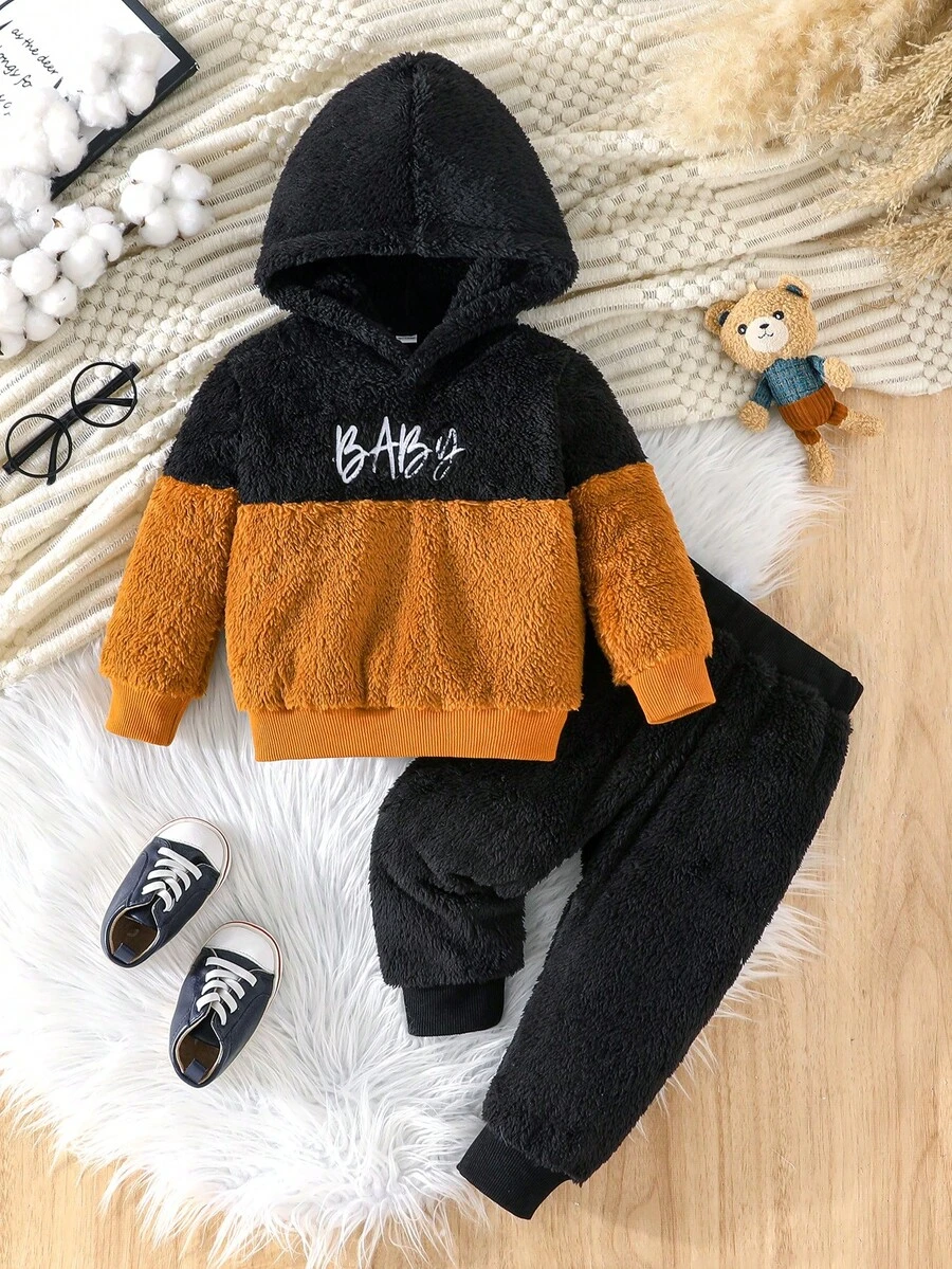 2pcs Baby Boys Warm Casual Comfortable Autumn/Winter Outfit, Letter Embroidery Fleece Hoodie + Pants Set, Suitable For Daily Outdoor Wear