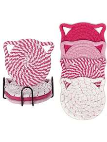 4 Stück/Set Katzenohr Untersetzer, handgefertigte leuchtend rosa geflochtene Untersetzer, rutschfeste und saugfähige Getränkeuntersetzer (mit Halter), Heimdekoration, Geschenk zum Valentinstag und Muttertag