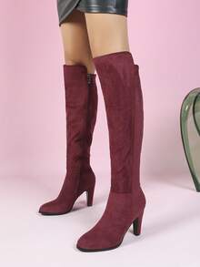 Women's Knee-High Boots, New 2025 Autumn/Winter Designs, Pleated Boots, Round Toe, Chunky Heel, Fashion Tall Boots With Side Zipper - Burgundy - View 3
