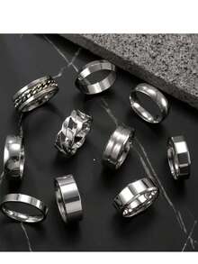 10件套简约不锈钢戒指套装，简约链条设计，宽边戒指，男士日常佩戴