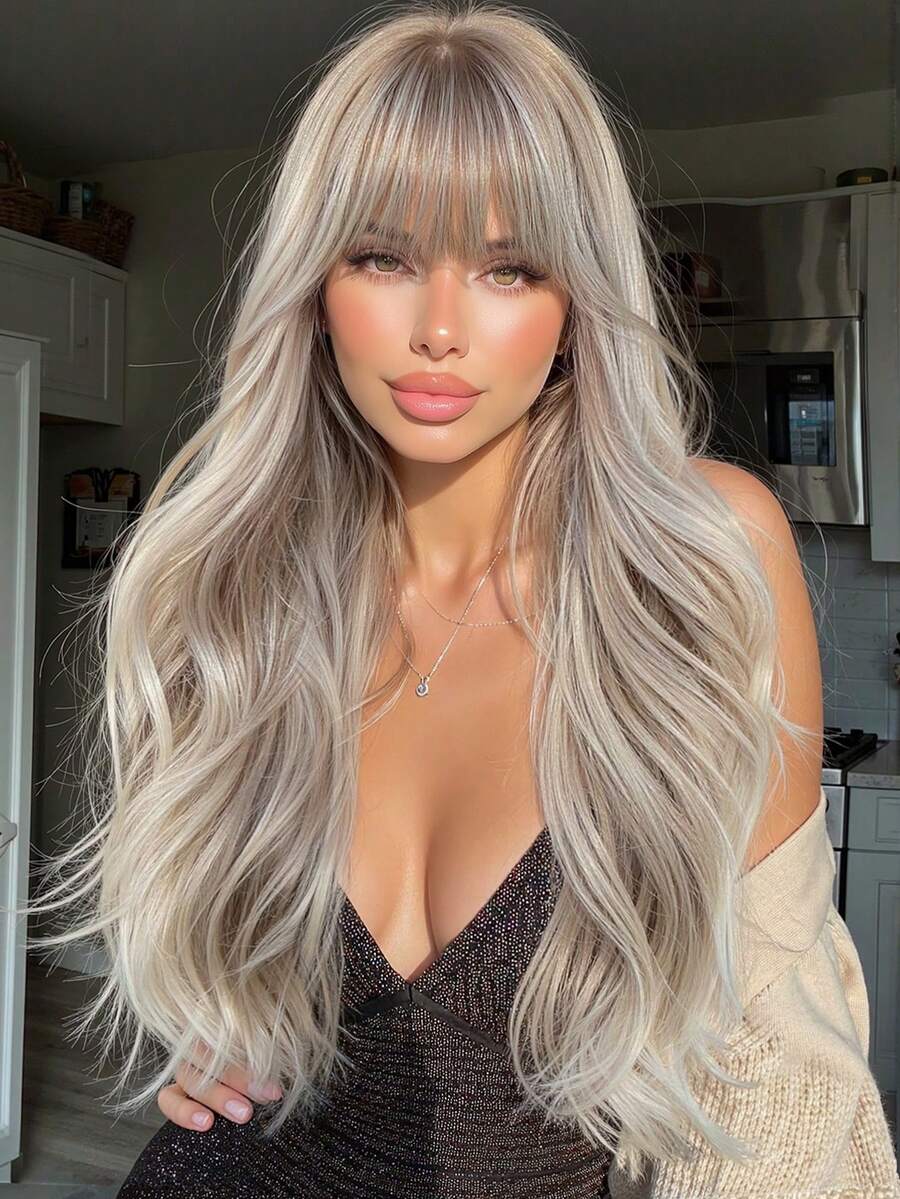28-Inch Gray Ombre Wavy Wigs For Women With Bangs Long Natural Synthetic Hair Wig Daily Cosplay Heat Resistant - Màu xám ombre - Xem 1