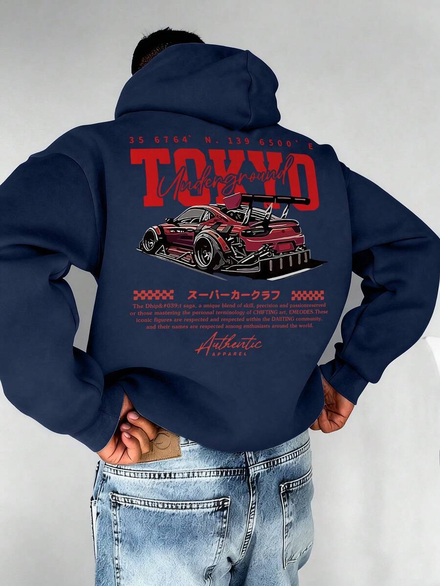 Men's Casual Fashionable Versatile Street Racer Element Slogan Print Kangaroo Pocket Drawstring Hoodie, Autumn/Winter - Navy Blue - View 1