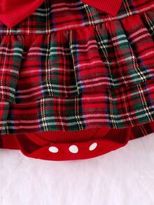 3pcs Baby Girl Red Cap Sleeve Bodysuit, Red Plaid Layered Ruffle Hem Skirt, Headband Set - Red - View 6