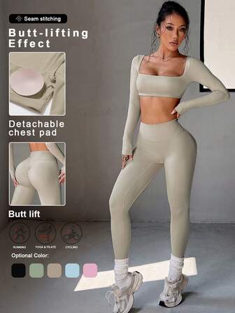 Aoqta Sports Women's Two Pieces Fall And Winter Sports Casual Short Long Sleeve Square Neck T-Shirt Top And Skinny Pants Suit For Fitness Yoga Running Exercise