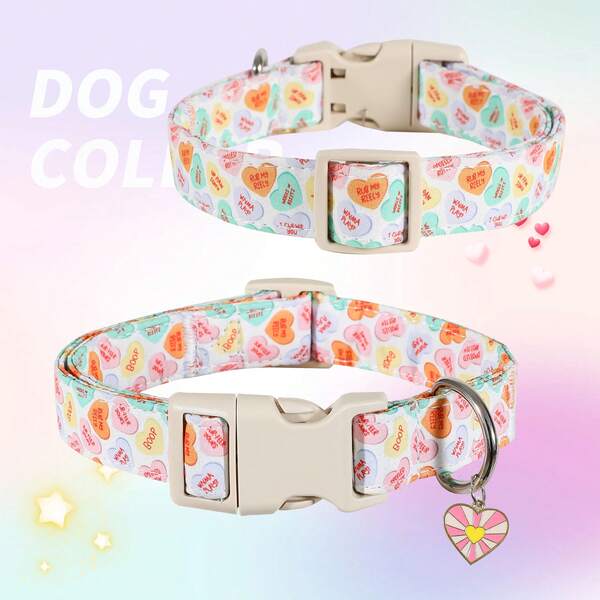 1 Peça Coleira de Cachorro com Tema de Dia dos Namorados em Formato de Coração Multicolorido com Delicado Pingente em Formato de Coração - Material Confortável de Poliéster, Adequado para Uso Interno e Externo, Acompanha Fivela de Plástico Bege