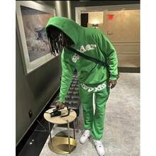 Sp5der 555555 Spider Web Foamed Printed Pure Cotton Hooded Sweatshirt Casual Long Pants Set For Autumn And Winter Men And Women - màu xanh lá - Xem 3