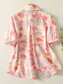 Summer New Ditsy Floral Linen-Like Collared Short Sleeve Blouse, Versatile Women Top