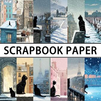 24/36张冬季巴黎城市猫咪剪贴簿纸垫，5.9*5.9英寸单面雪景巴黎屋顶猫咪背景剪贴簿纸，适用于DIY明信片制作、DIY手工、礼品包装、个性化手账、工艺用品剪贴簿装饰纸