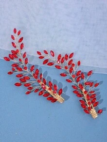 2件套女士奢华水钻发夹，浪漫紫色水晶边发夹和亮丽紫红色头饰，适合正式礼服、婚礼、情人节等场合佩戴。 - 紅色 - 查看 3