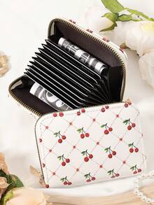 Fashionable And Cute Cherry Print Short Wallet Handbag Zipper, Coin Wallet Fashionable Zipper, High-Quality Credit Card Storage Bag, Women's Wallet Card Bag,Fashion,Modern,Business,For Anniversary,For Christmas,On Valentine Day,For Birthday Gift,For Gift,For Lover For Women,For Girls,For Lady,For Female,Bag School Supplies For School Dorm Room & Back To School