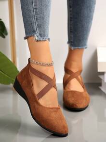 女士交叉弹力尖头舒适休闲坡跟鞋 - 棕色 - 查看 9