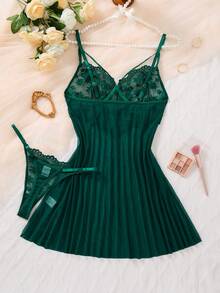 两件套女士酒红色柔软舒适蕾丝碎花爱心睡衣，圣诞节和万圣节礼物，蕾丝性感睡袍带网眼半透明内衣套装，日常家居吊带裙，睡袍 - 綠色 - 查看 2