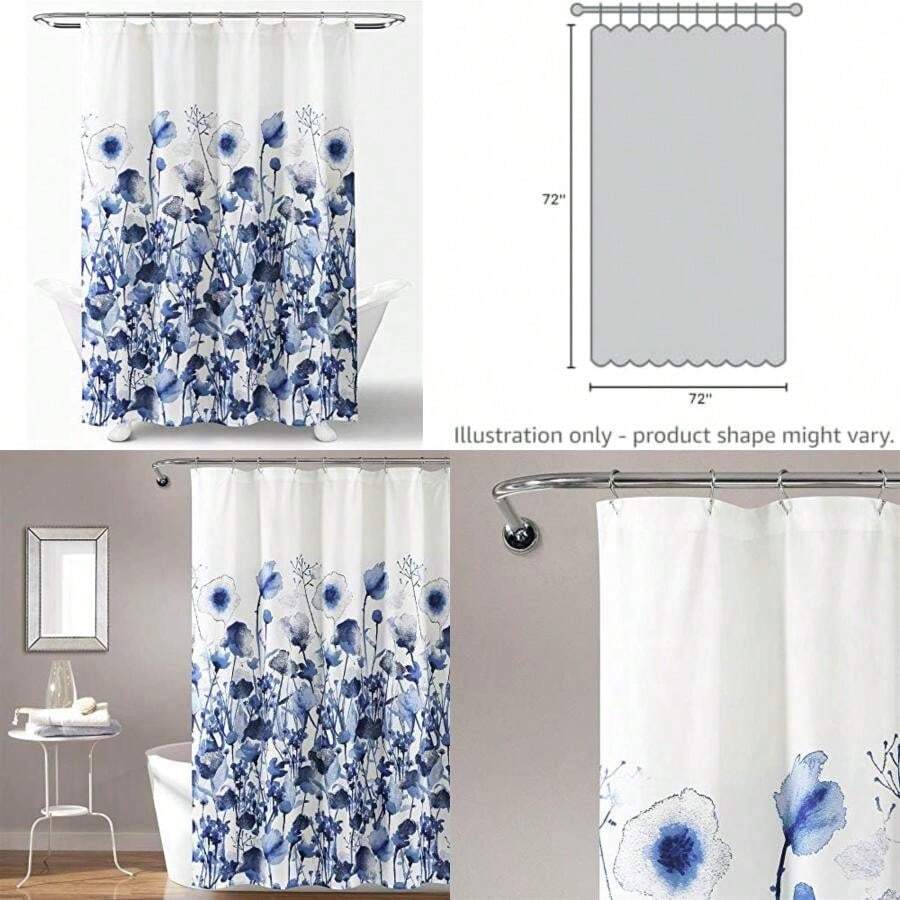 Decor Zuri - Cortina de Ducha con Estampado Floral de Acuarela, 72 x 72 Pulgadas, Azul y Coral(Azul marino) - Tipo 1 - Ver 1