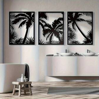 CIF BUY Metallväggkonst med bohemisk palmträd - solnedgångssilhuettdesign med tropiska löv i modern geometrisk stil. Perfekt för vardagsrum och spa-badrumsinredning. Alla hjärtans dag- eller julklapp till henne för att ge bohemisk charm, lämplig för modern heminredning, heminredning, rumsinredning, sovrumsinredning, badrumsinredning, vattentät