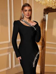 Love Aing Women's Elegant Long Sleeve Side Slit Dress, Butterfly Rhinestone Embellished, Sexy & Sophisticated For Party, Formal Occasions, Weddings, Prom
