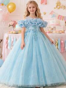 Tween Girls Ruched Off-Shoulder Pink Party Dress With 3D Floral Embroidery, Elegant Children Clothing For Birthday Party, Wedding, Graduation, Prom - Blue - View 6