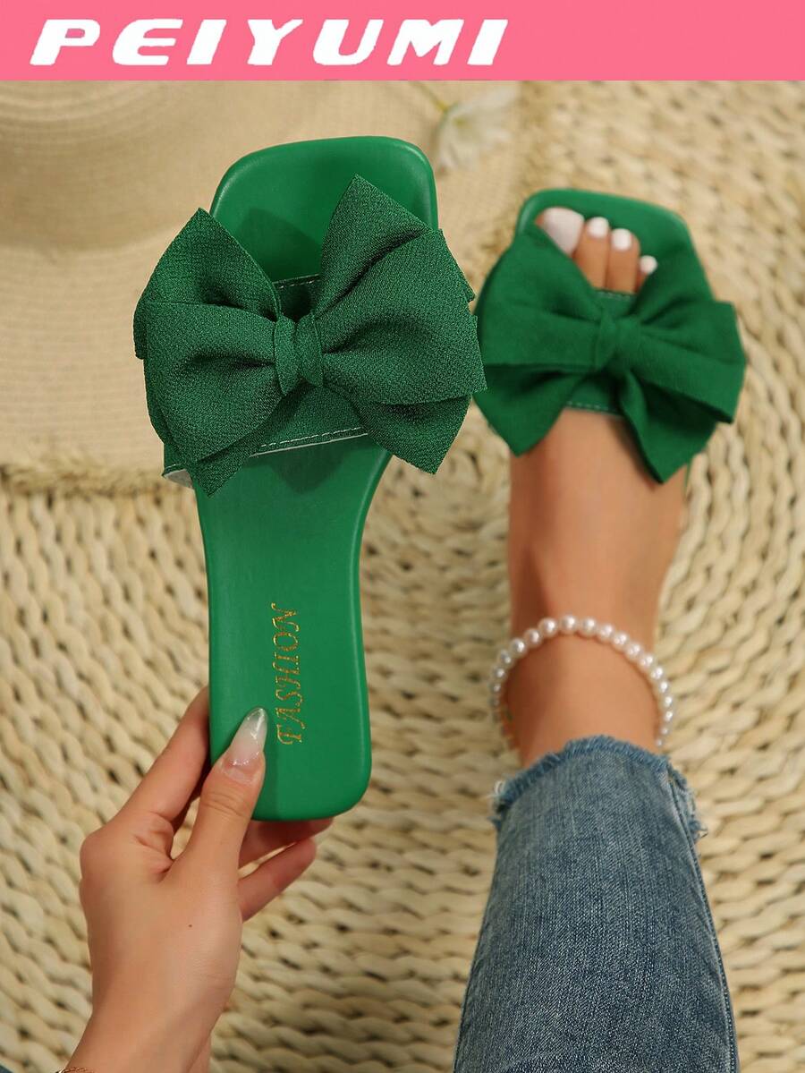 PEIYUMI Women's Bow Decor Slippers, Fashionable Summer Flat Sandals