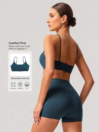 Sodalemon Women 2Pcs Fitness Sets Backless Padded Sport Bra No Front Seam Outdoor Cycling Shorts Elastic Gym Training Sport Set