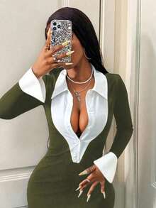 Vestido elegante de mujer de dos en uno con cuello y parches